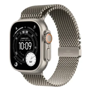 Apple Watch Ultra 3 GPS + Cellular • Caixa natural de titânio – 49 mm • Pulseira natural estilo milanês de titânio – M