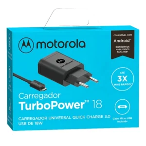 Carregador Turbo Power Motorola 18w Cabo Micro Usb Preto