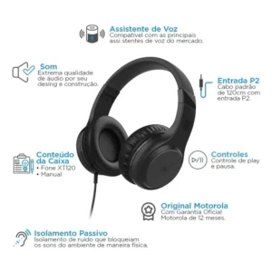 Fone de Ouvido Com Fio XT120 Som HD Preto - Motorola