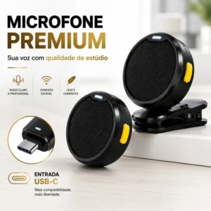 Microfone de Lapela Sem Fio Bluetooth Kit 2 Microfones Abafamento de Ruído Até 10 Horas Tempo de Trabalho Compatível com Camera, iPhone, Android, PC Conexão Tipo-C