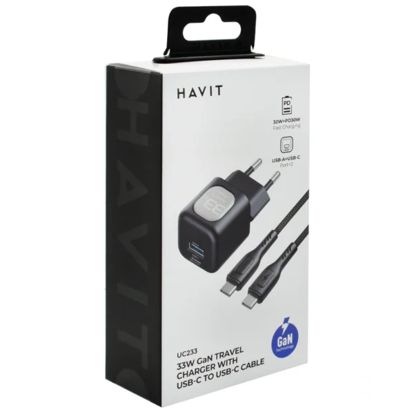 Carregador Tomada Havit UC233 USB USB-C 33W - Preto + Cabo USB-C USB-C