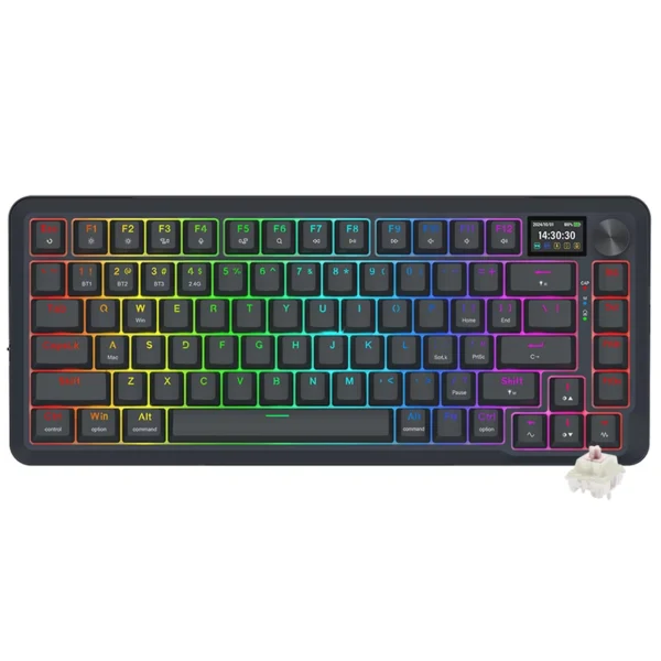 Teclado Gamer Mecânico Redragon K708-RGB-PRO Flekact Pro Wireless RGB LCD Inglês - Preto