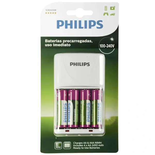 Carregador de Pilhas Philips com 4 Pilhas AA - SCB2445NB Branco