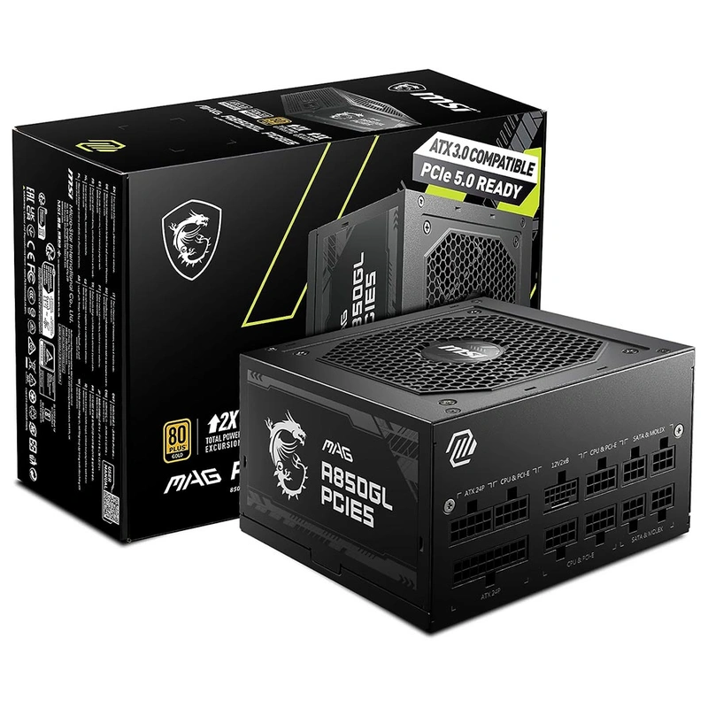 Fonte de Alimentação MSI MAG A850GL PCIE5 850W Modular 80 Plus Gold ATX | Preto