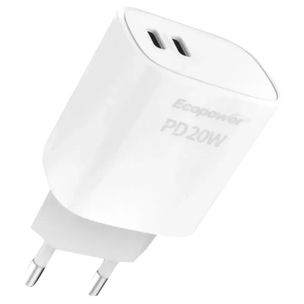 Carregador Tomada Ecopower EP-7026 2 Type-C - Branco | 20W | 2 USB-C