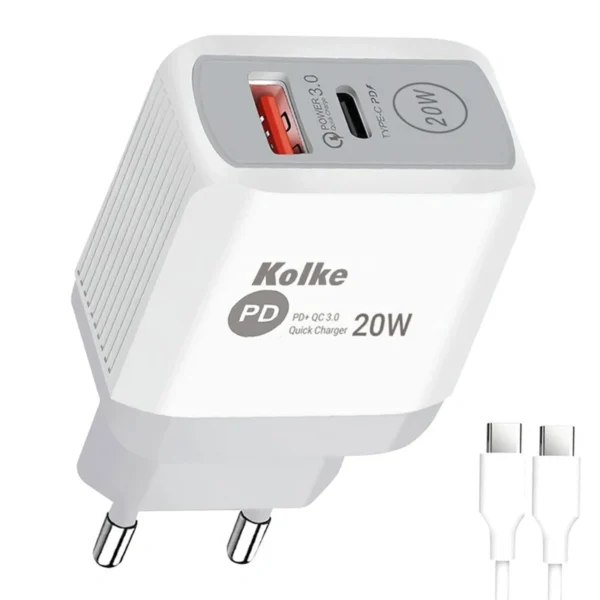 Carregador Tomada Kolke KCR-2706 USB 3.0 USB-C 20W - Branco Cinza + Cabo USB-C 1M