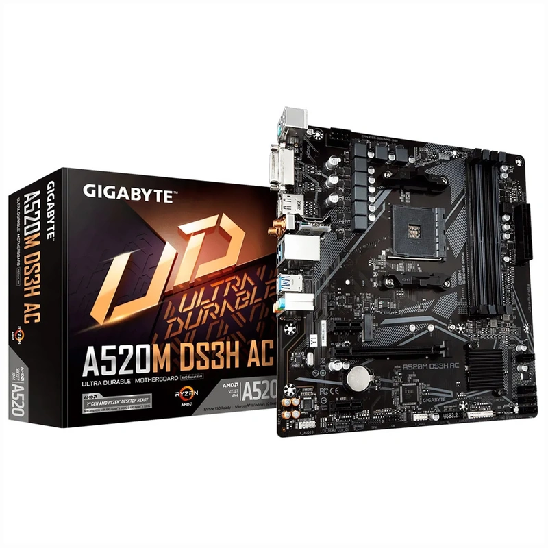 Placa Mãe Gigabyte A520M DS3H AC Socket AM4 DDR4 AMD A520 4 Slots DIMM Dual Channel DDR4